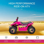 Pink kids electric ride-on ATV quad bike with black seat and four large tread wheels