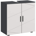 Light grey under-sink bathroom cabinet with double doors, long metal handles, dark top
