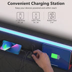 Black built-in charging station on bed frame with USB ports and USB-C power input