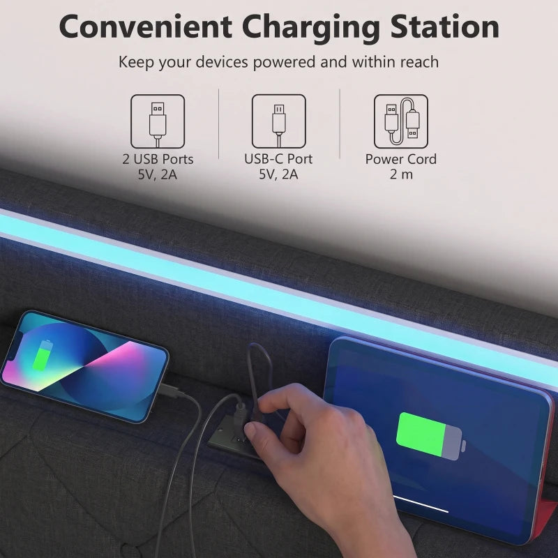 Black built-in charging station on bed frame with USB ports and USB-C power input