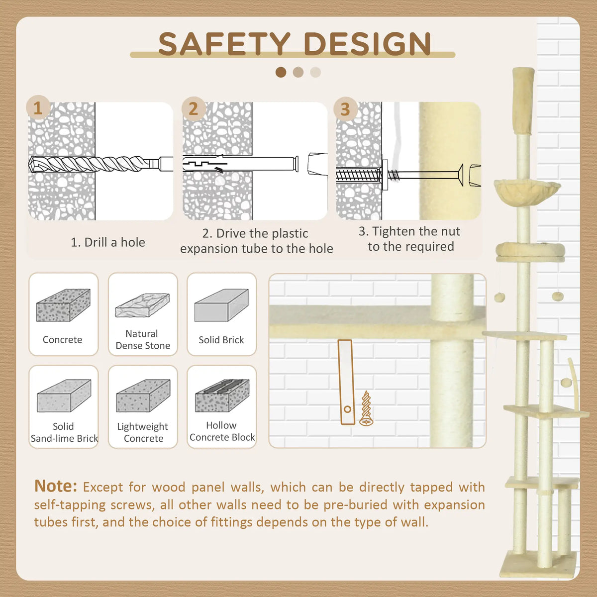 PawHut 230 250cm Floor to Ceiling Climbing Cat Tree Tower Beige