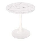 Round white marble-look dining table with pedestal metal base