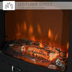 Close-up of black electric fireplace LED flame over log-style embers through glass
