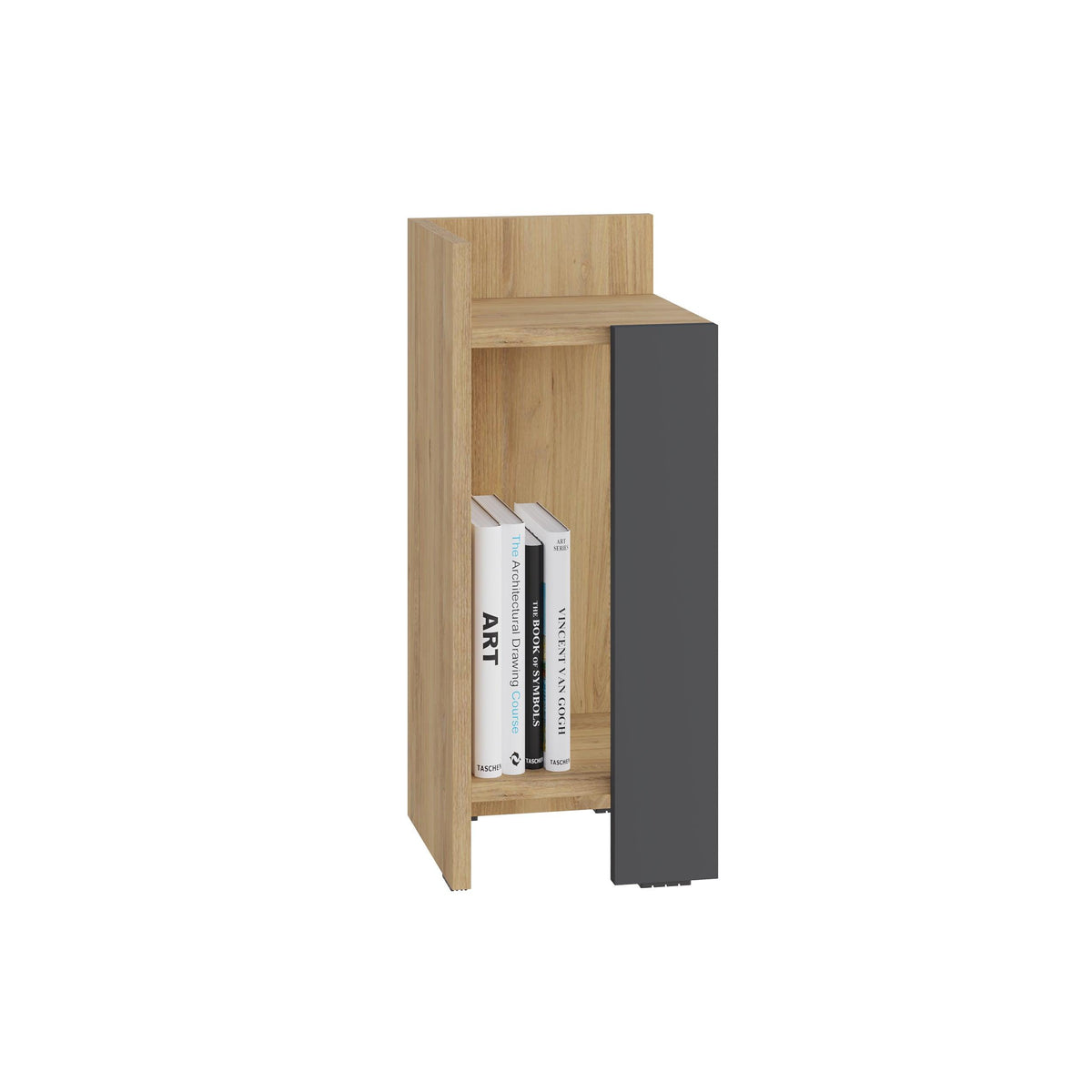 Narrow left bedside table module, light oak with dark grey side panel, open shelves