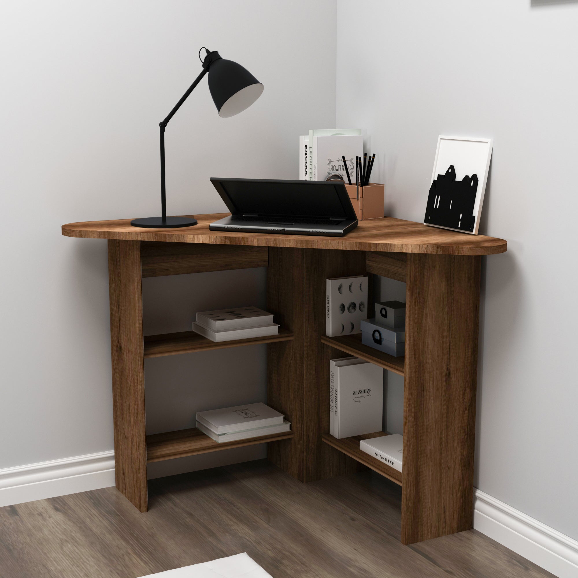 Corner Computer Desk with Shelves-Gredos