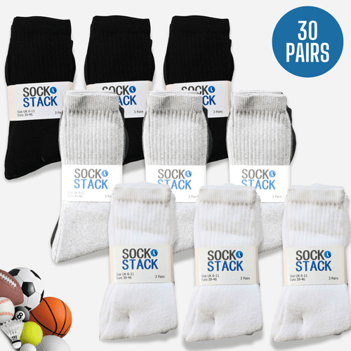 30 Pairs Mens Cotton Rich Performance Sport Socks Outdoor Athletics Running Hiking Football Black Grey White Sock Cushioned Anti-Blister Moisture-Wicking Breathable Comfortable UK 6-11