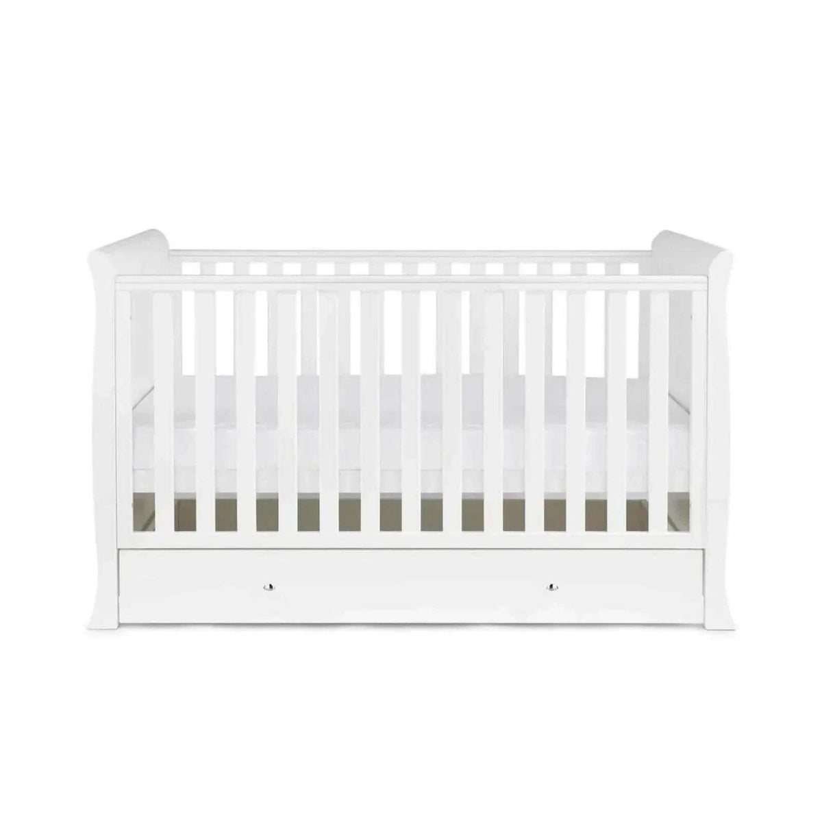 White baby cot front view with vertical slats and drawer storage
