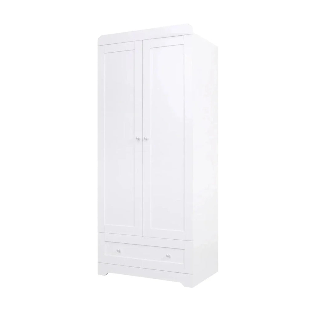 White wardrobe cabinet with two doors and two small knobs, simple panel design