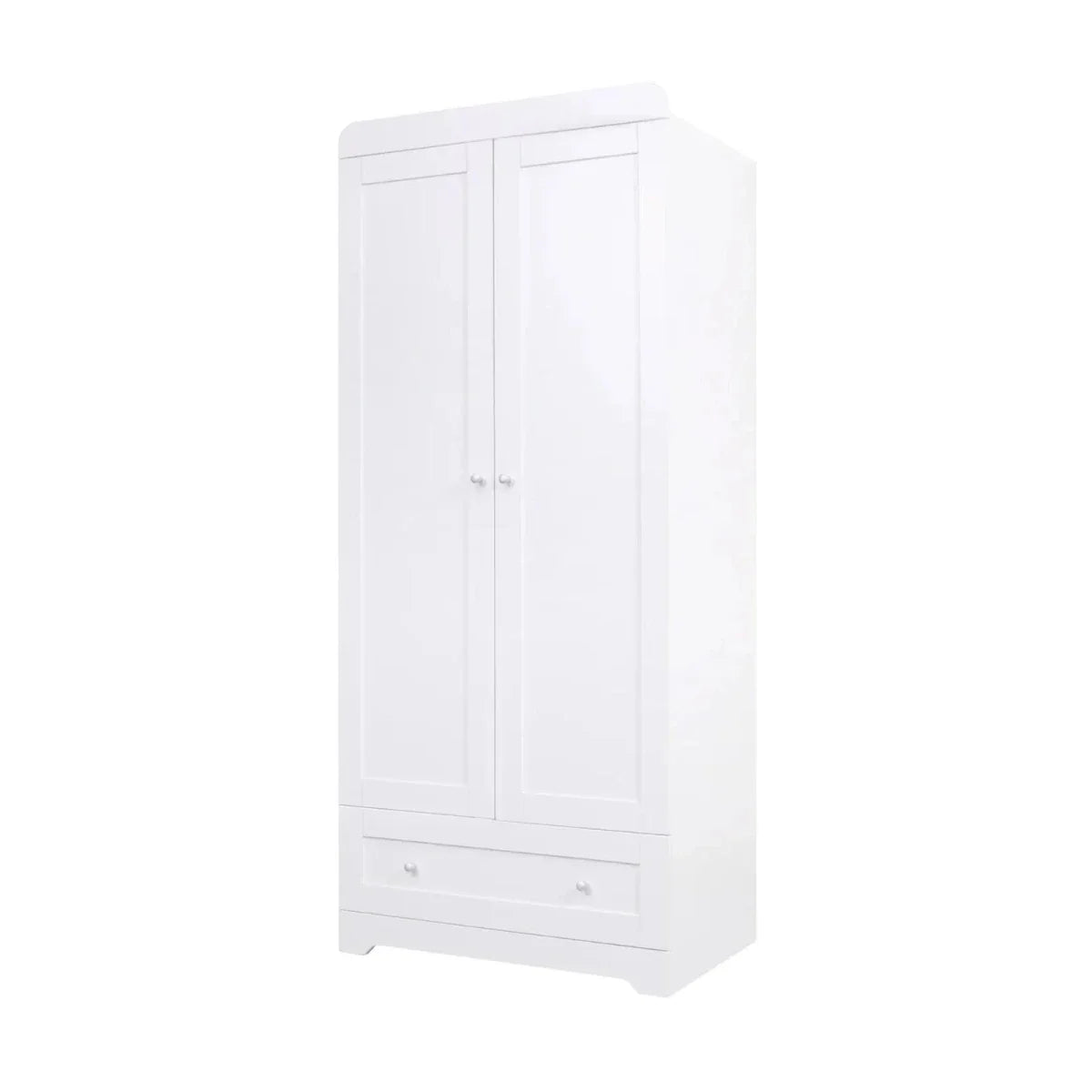 White wardrobe cabinet with two doors and two small knobs, simple panel design
