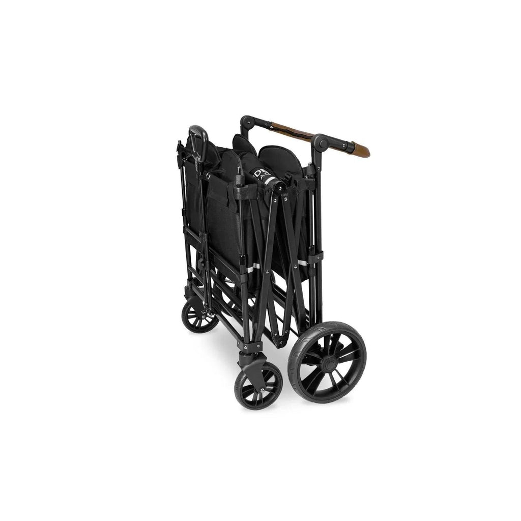 Black folded quad stroller wagon with canopy and multiple seats, compact wheel base