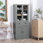 Grey freestanding pantry cupboard with open glass doors and interior shelving