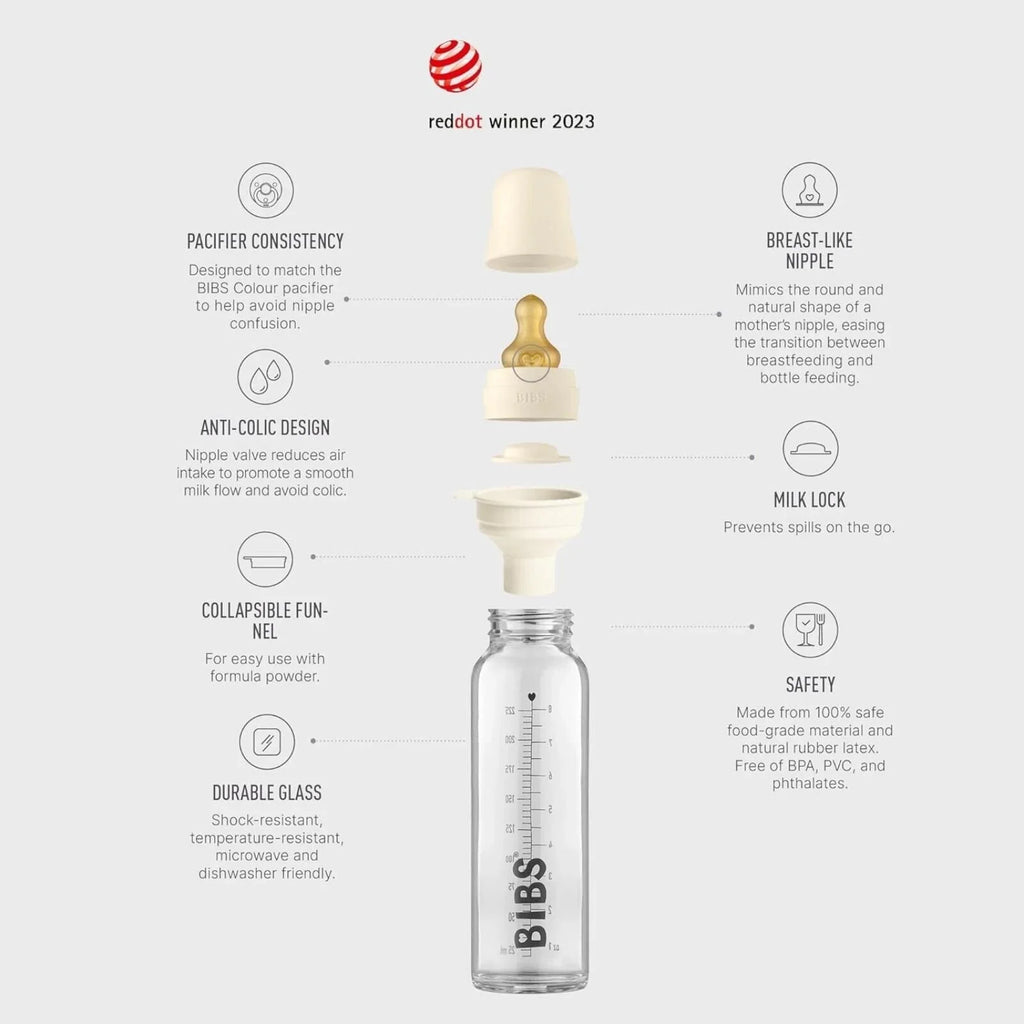 BIBS Baby Glass Bottle Complete Set Latex 225ml - Ivory