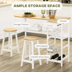 White bar table with storage shelves, drawer, wire basket, and 3-bottle wine rack