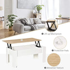 Lift-top coffee table with white frame and oak top, protective pads on black legs