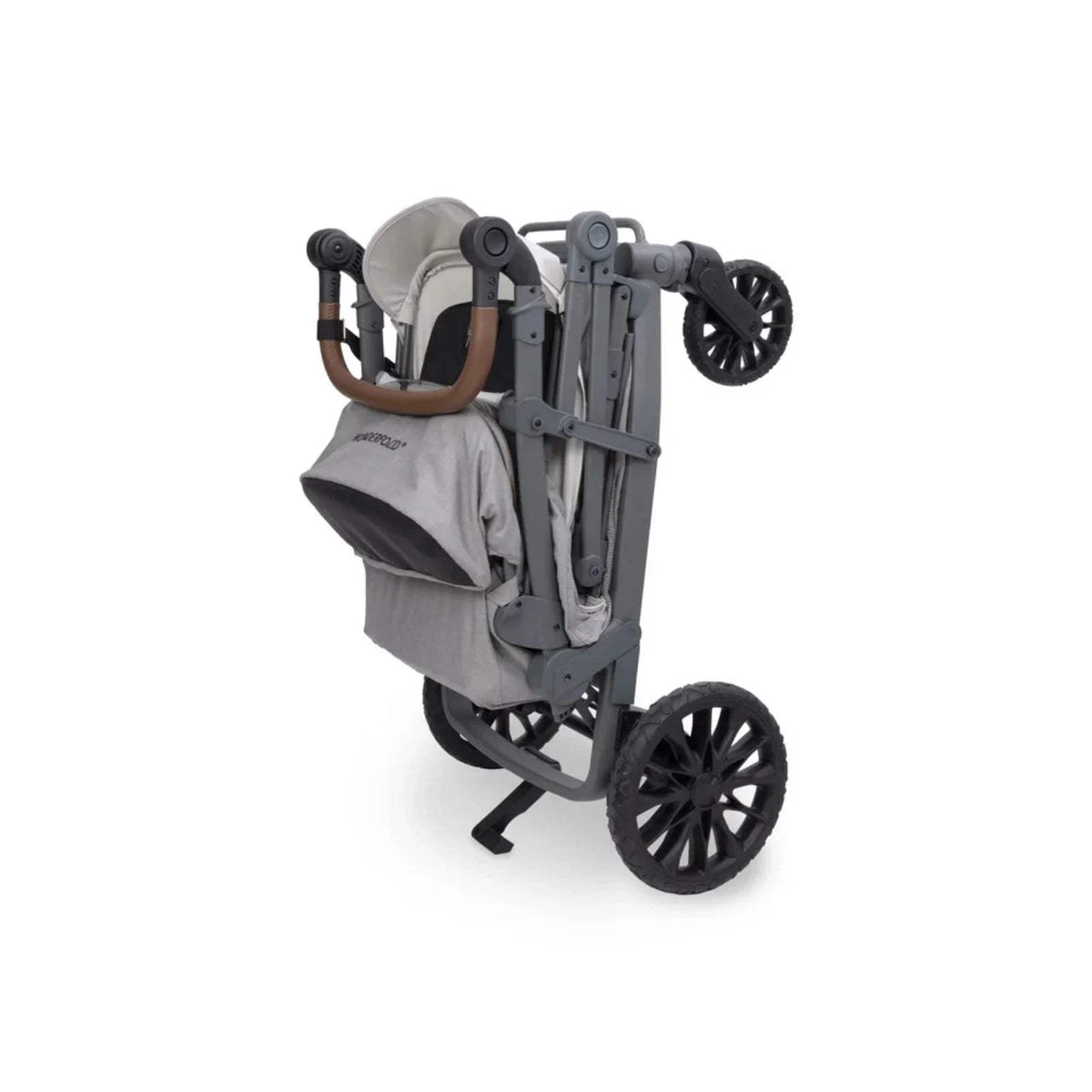 Grey stroller wagon side frame with canopy, foldable safety bar, and spoked wheels.