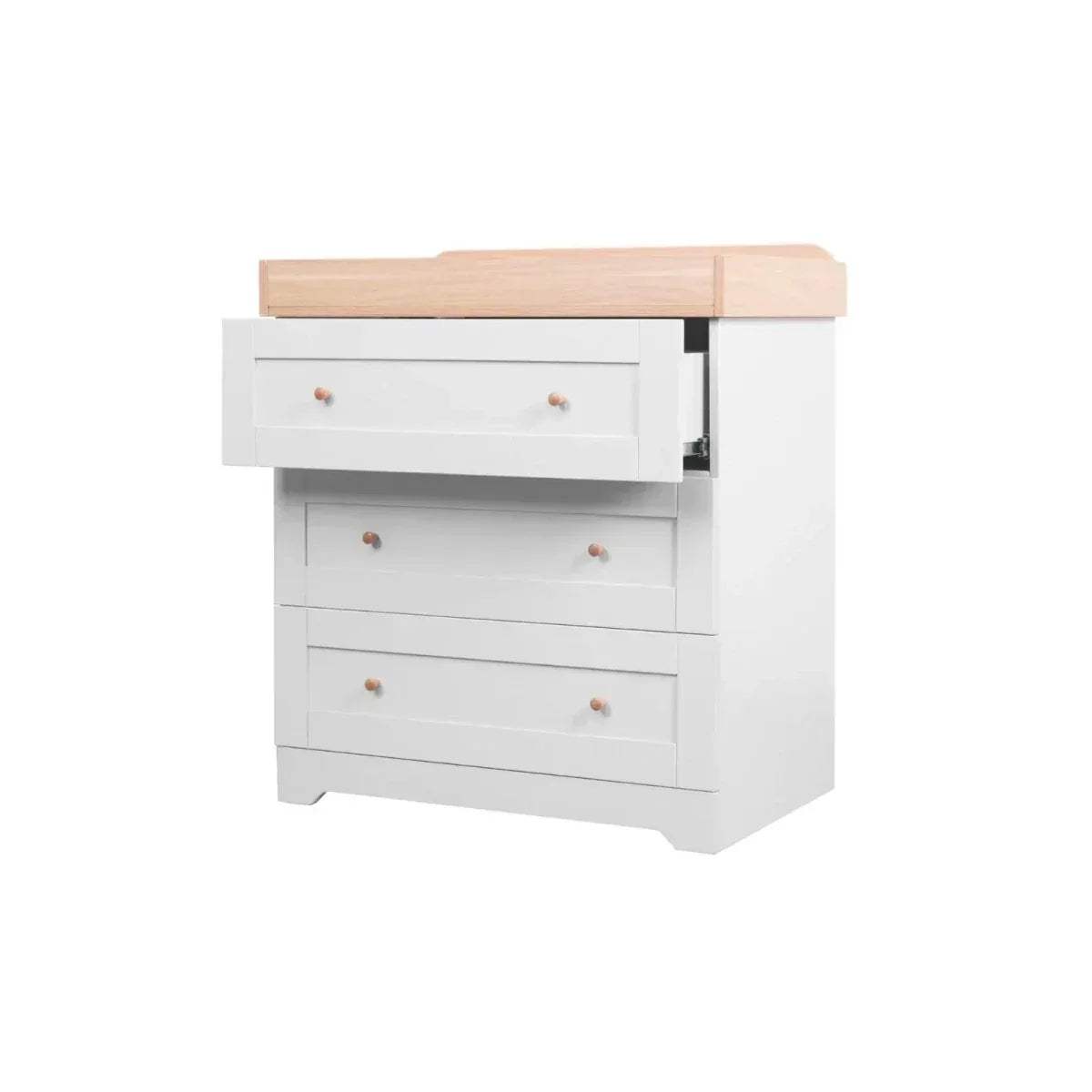 Baby chest changer with open changing area and light wood top over white drawers