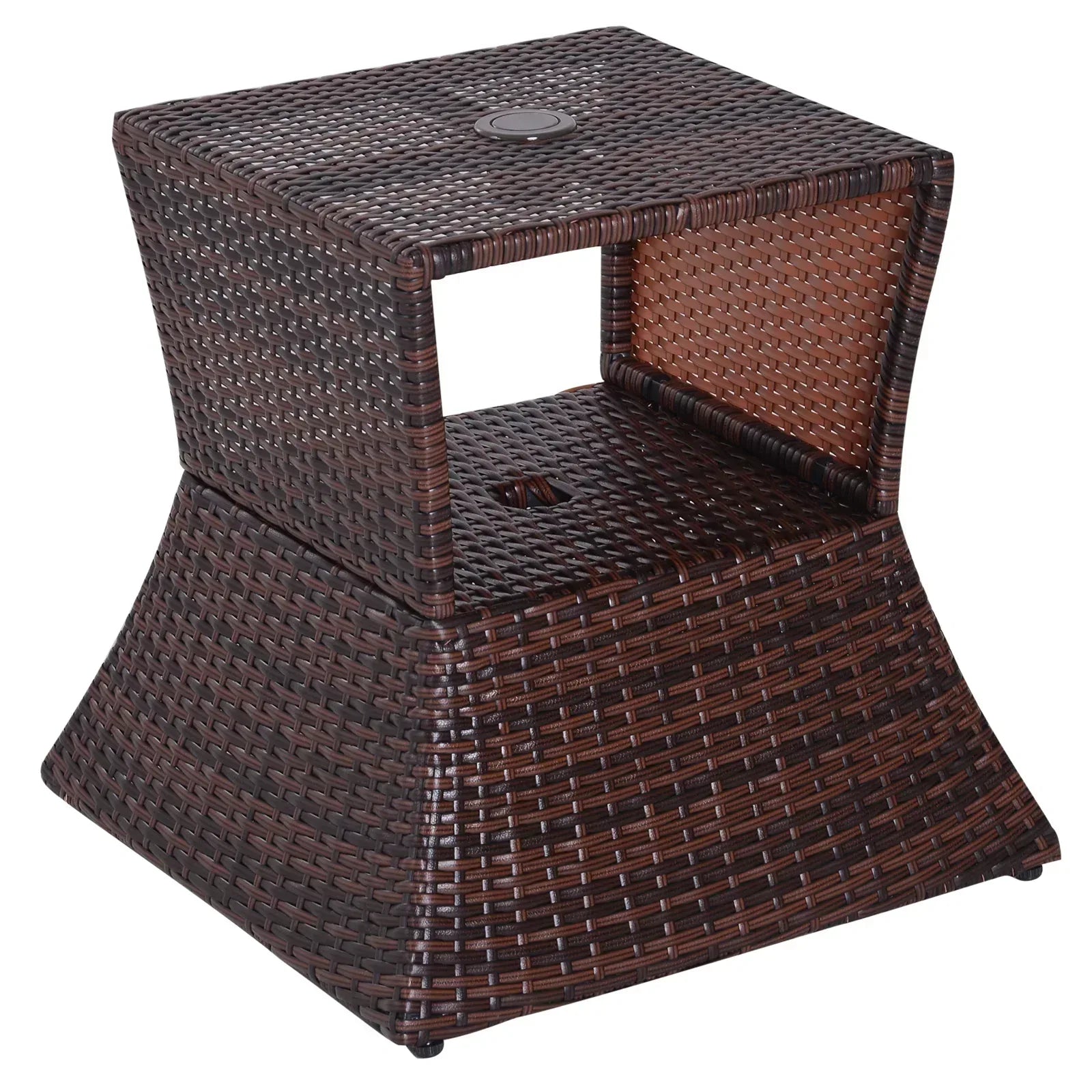 Rattan Outdoor Coffee Table, Wicker Garden Patio Bistro Side Table with Umbrella Hole and Storage Space for Balcony, Porch, Brown - Bobobiy