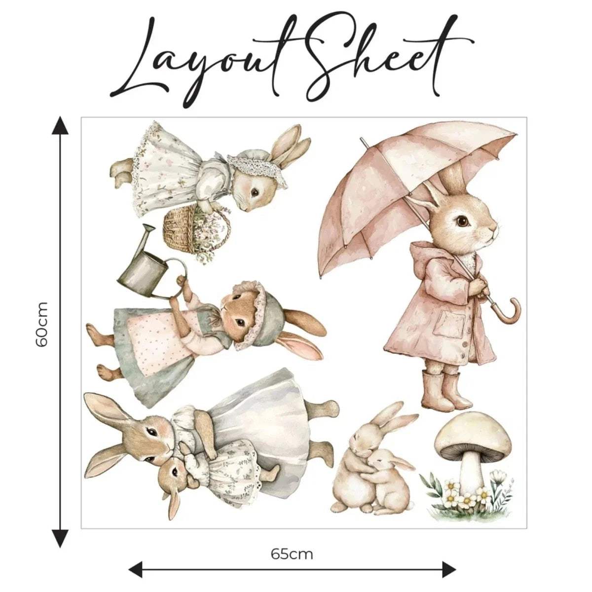 Layout sheet for pink rabbit textile wall stickers with umbrella bunny and mushroom