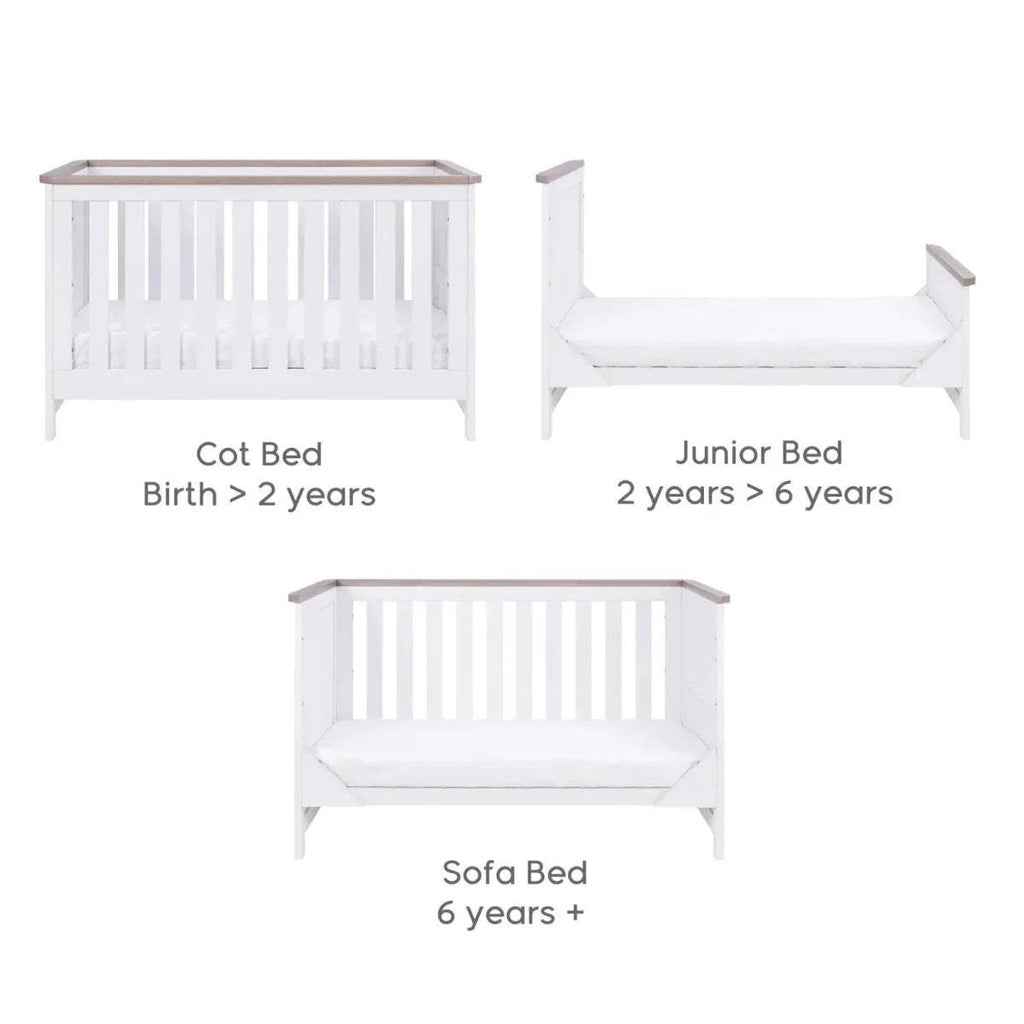 White convertible baby bed with cot, junior bed, and sofa bed layouts