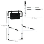 White adjustable bed rail with black foam grip and overbed storage pocket, front view
