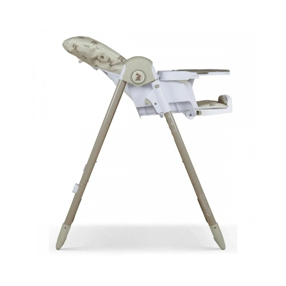 Baby highchair angled view with cream animal print seat pad and white leg supports.