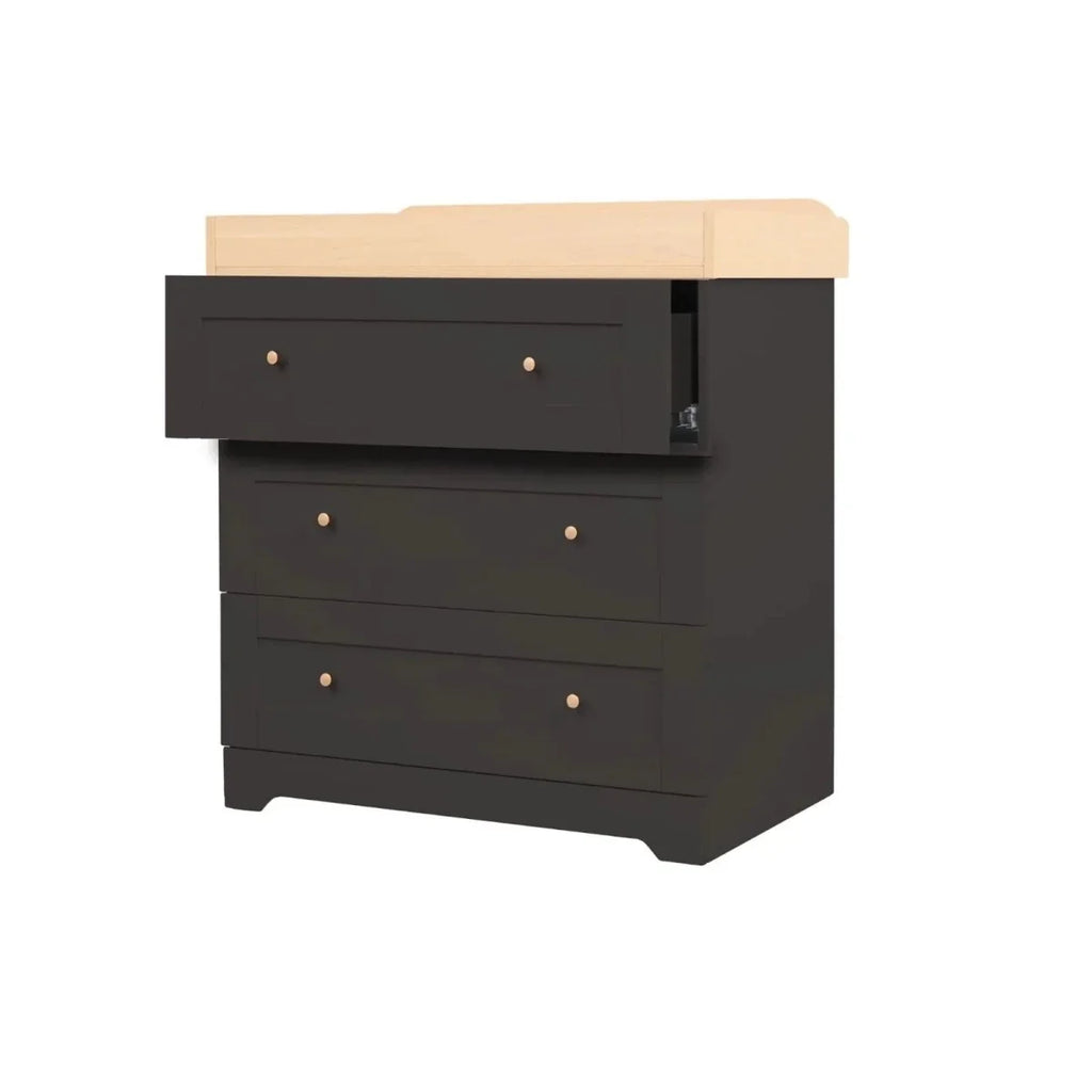 Dark gray dresser with honey oak changing top and drawer fronts with round knobs