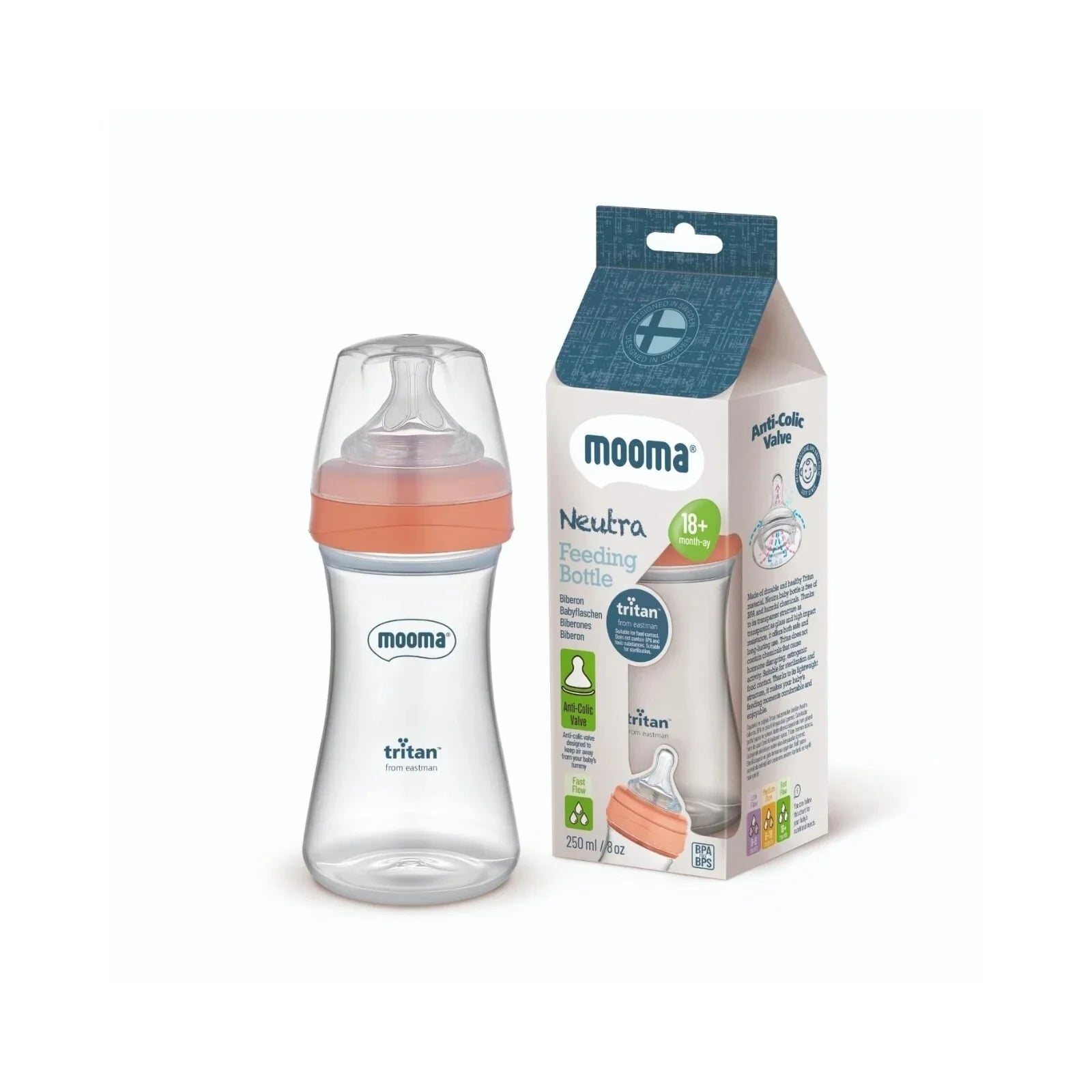 Mooma Neutra feeding bottle with coral pink fast-flow nipple next to retail box