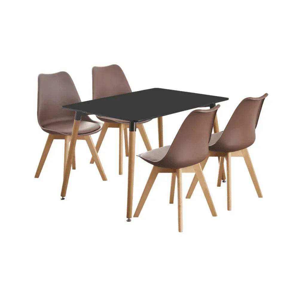 Dining table and 4 chairs set with black tabletop, brown upholstered seats, light wood legs