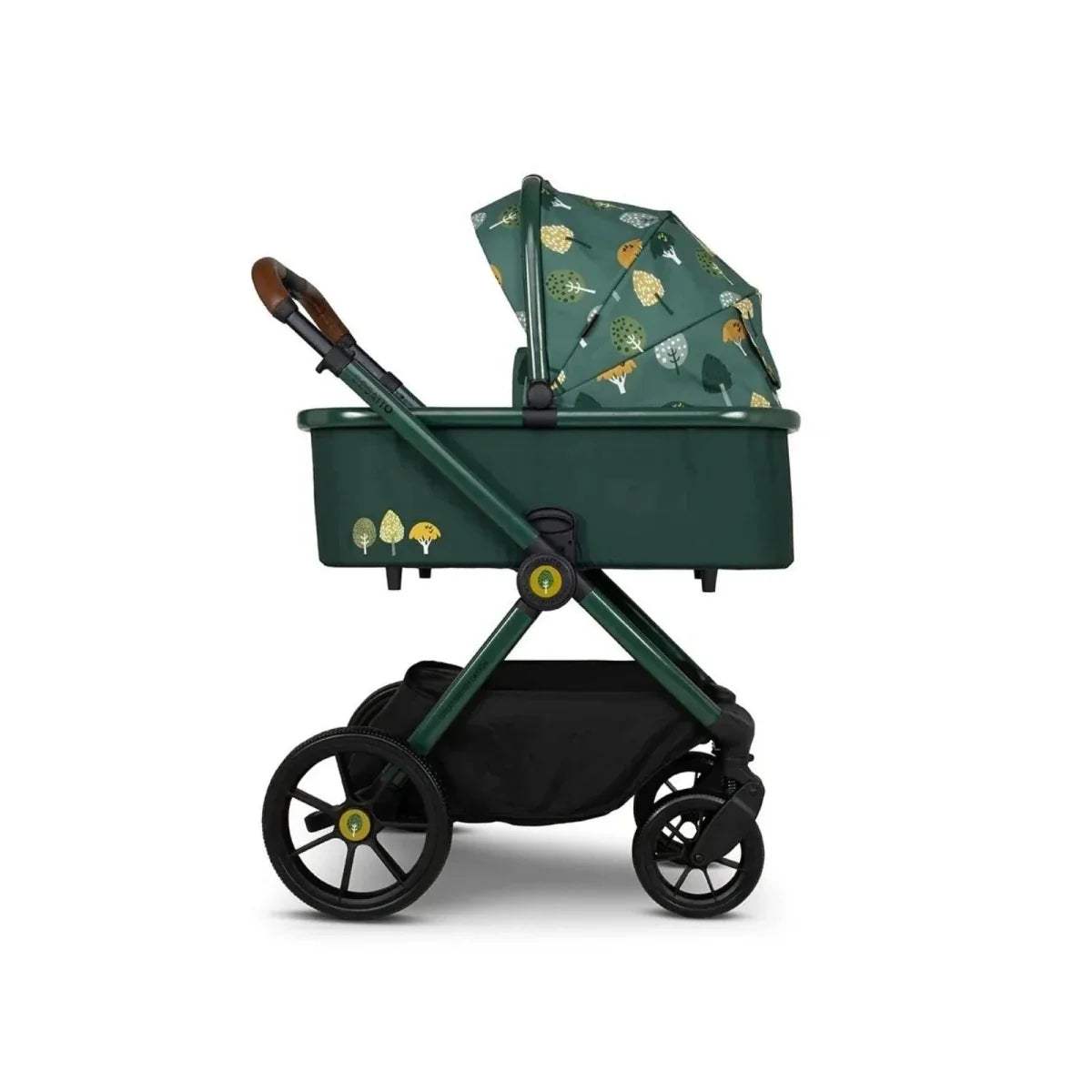 Green pushchair with patterned canopy and harness, front three-quarter view on wheels