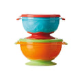 Stackable suction bowls set, turquoise and blue top bowl with red lid, orange base bowl