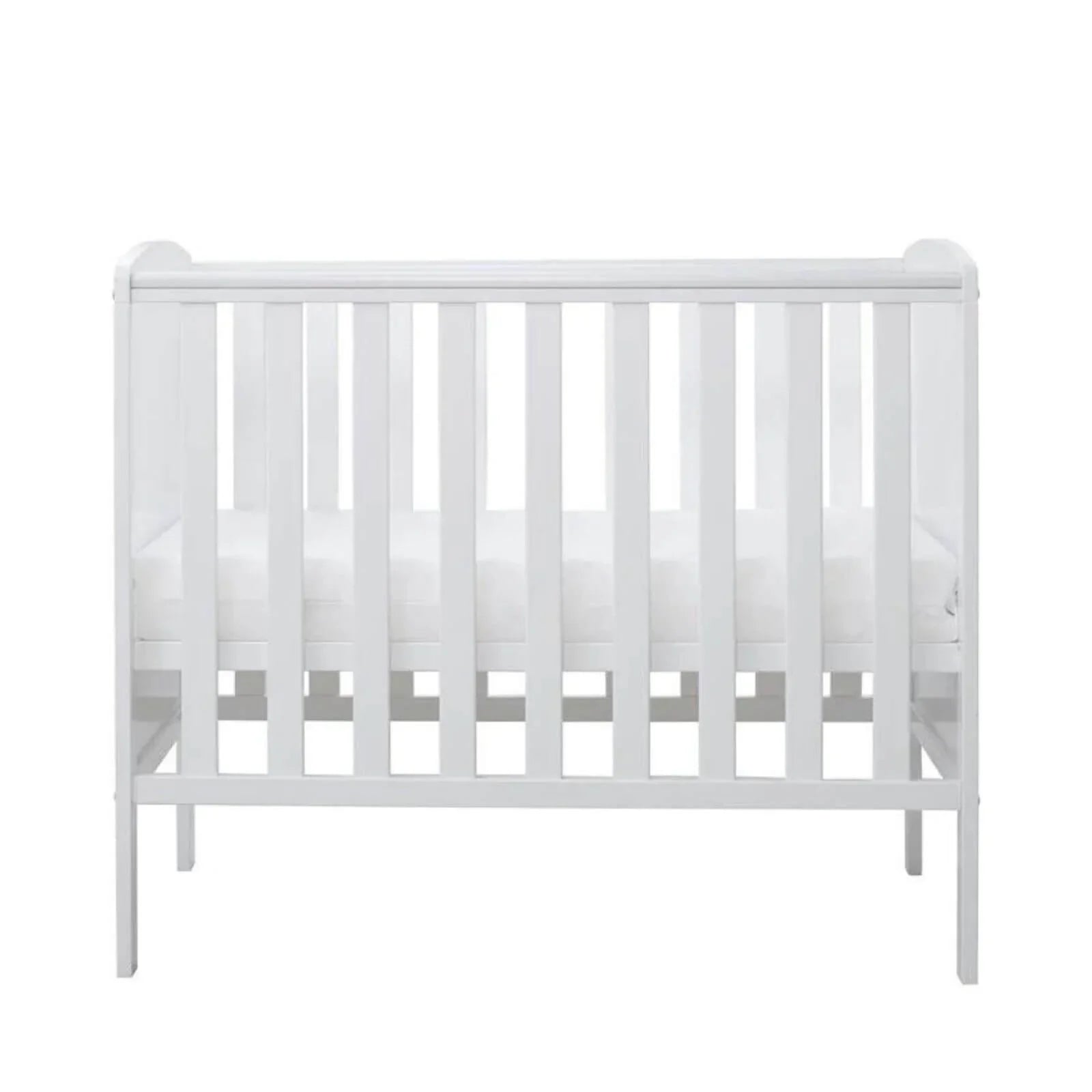 White cot with full-height slat panels and open front