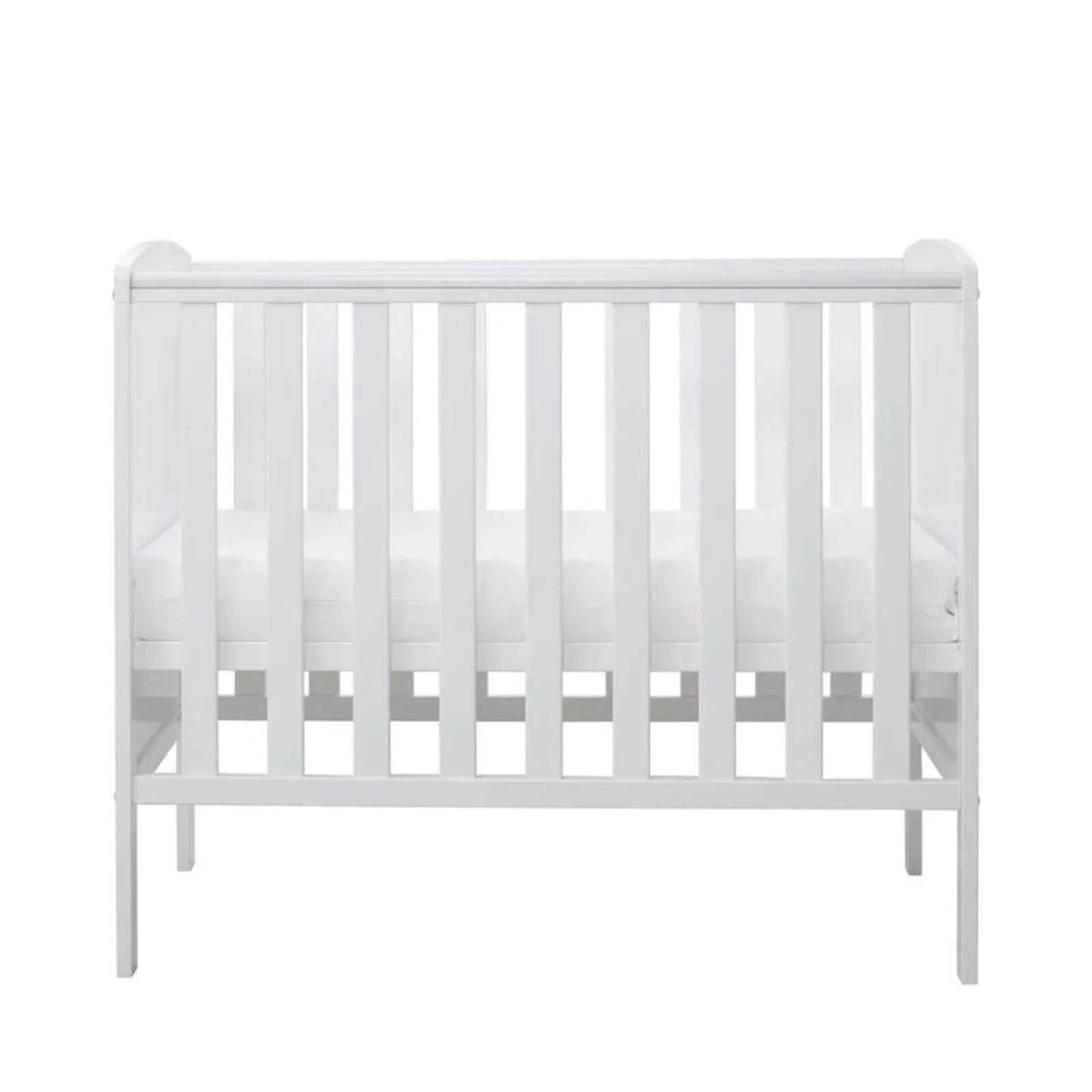 White cot frame with vertical slats across sides and front, end view