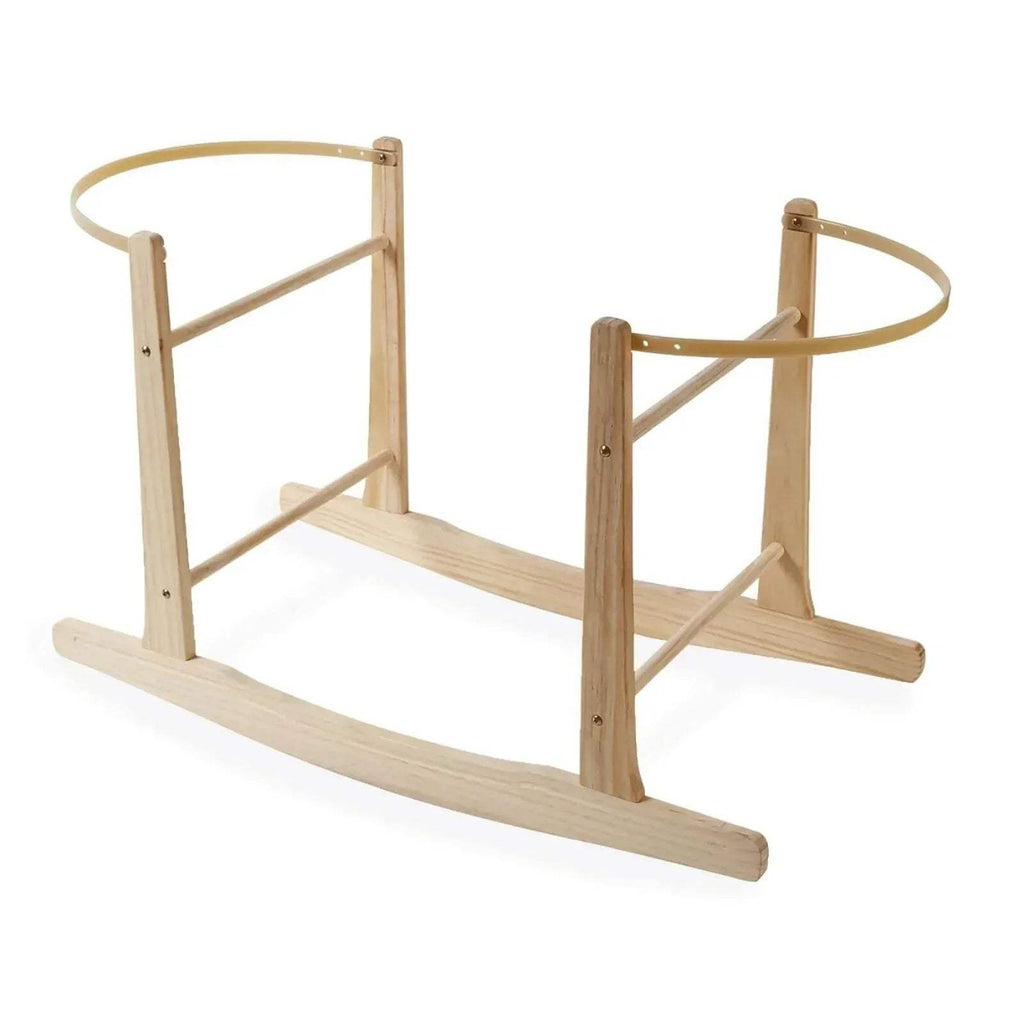 Natural wooden rocking stand with curved rails and lattice support base
