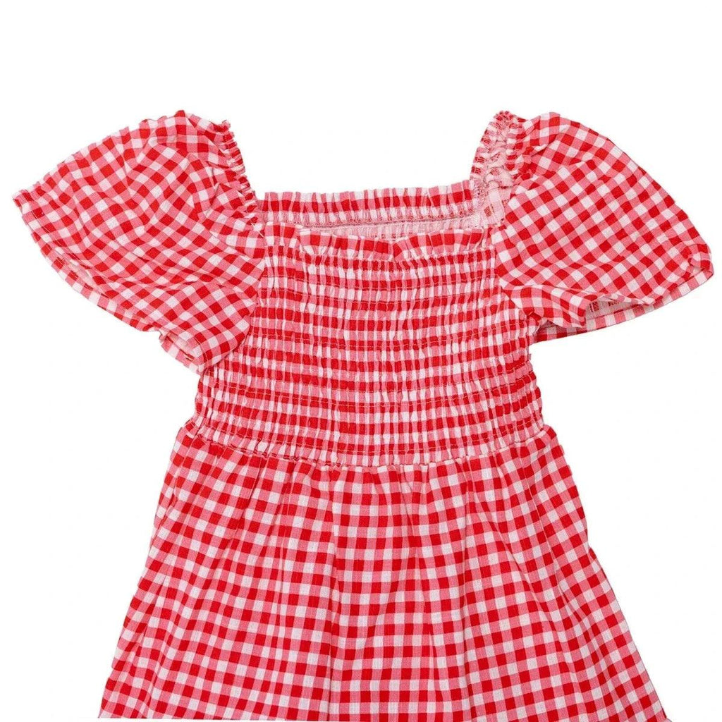 Pink gingham baby dress with elastic smocked neckline and short puff sleeves