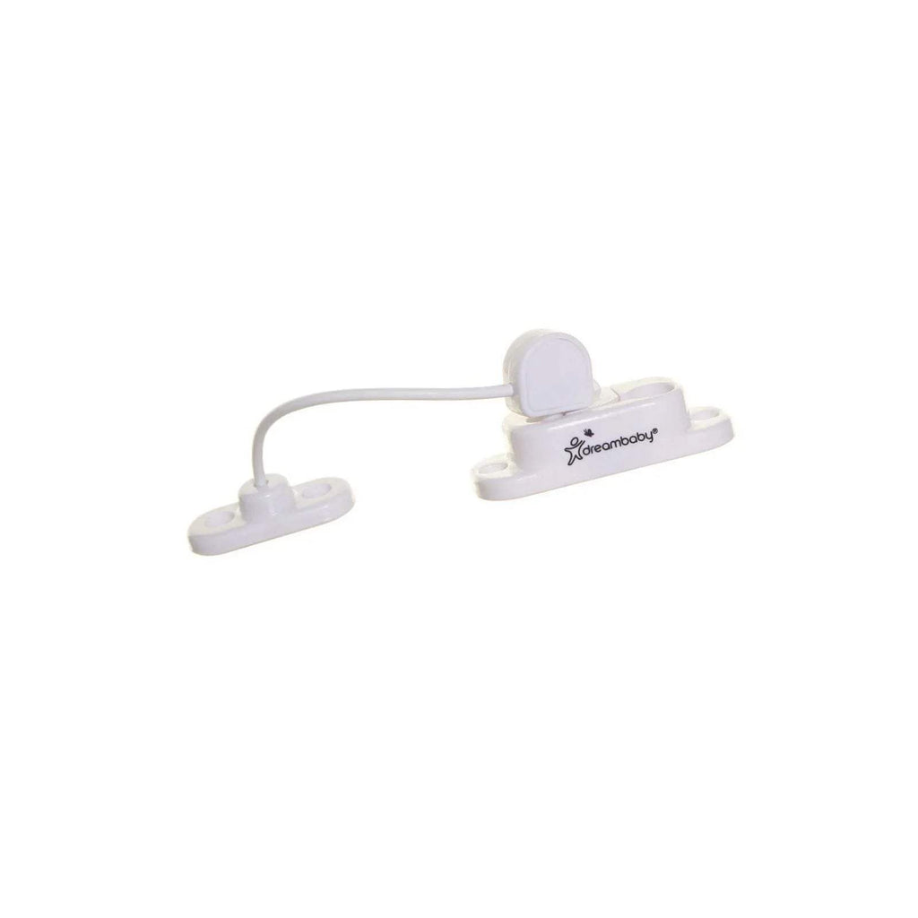 Dreambaby white keyless window restrictor with flexible cord and two mounting plates