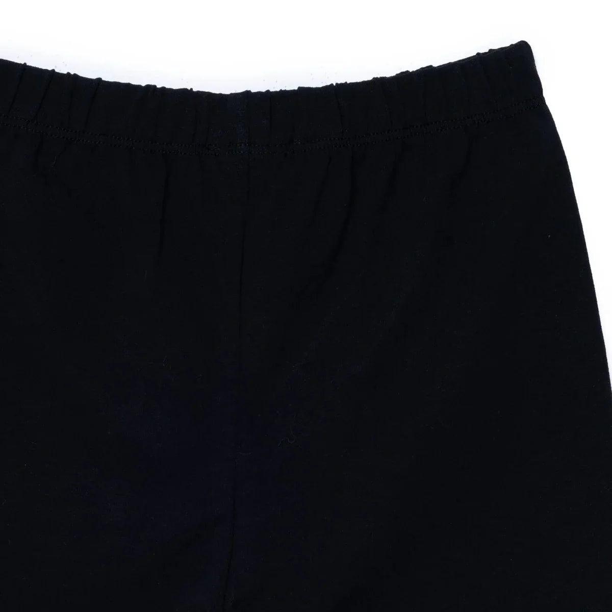 Black jersey baby shorts close-up of upper front and elastic waistband
