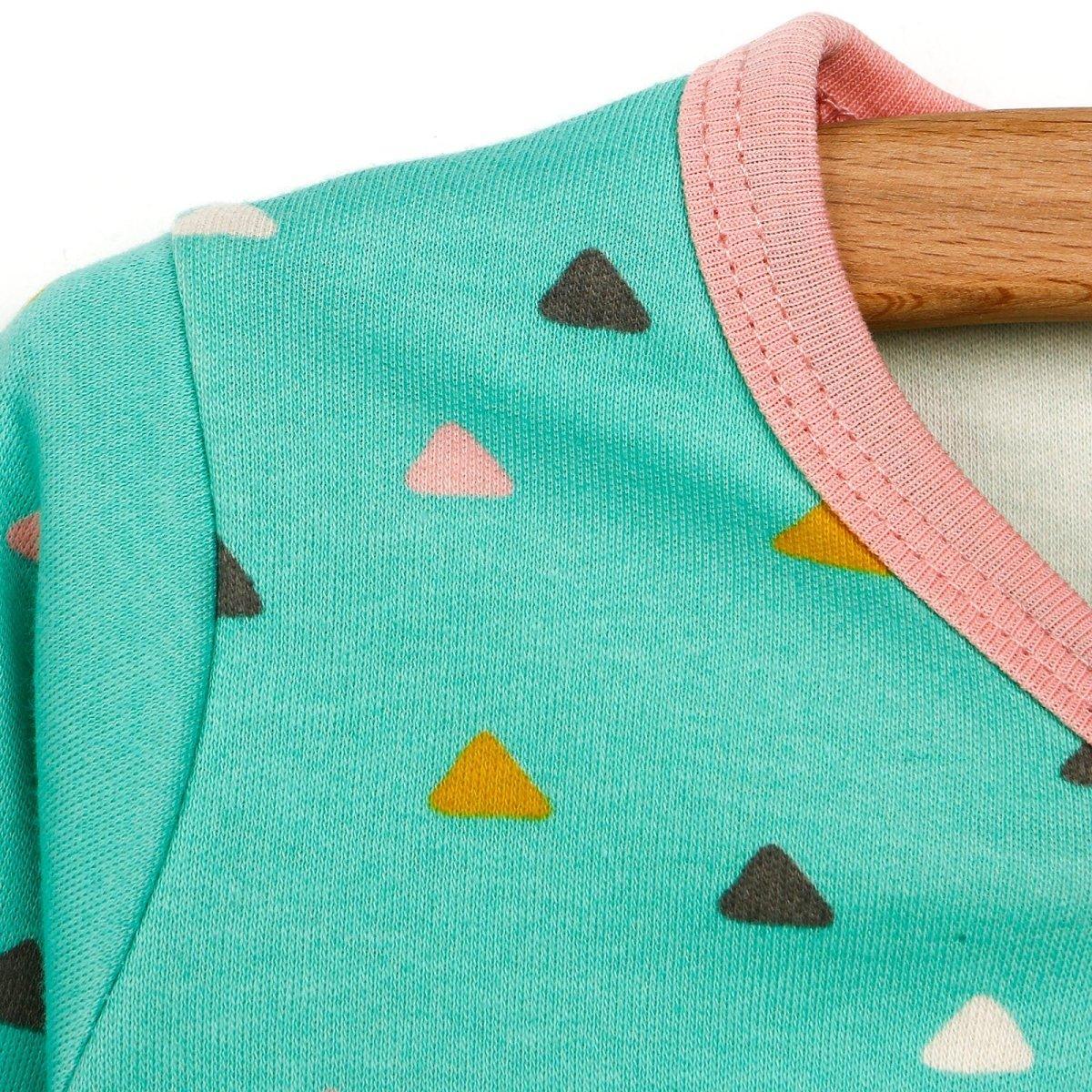 Mint baby pajama sleeve and collar detail with pink edging and triangle print.