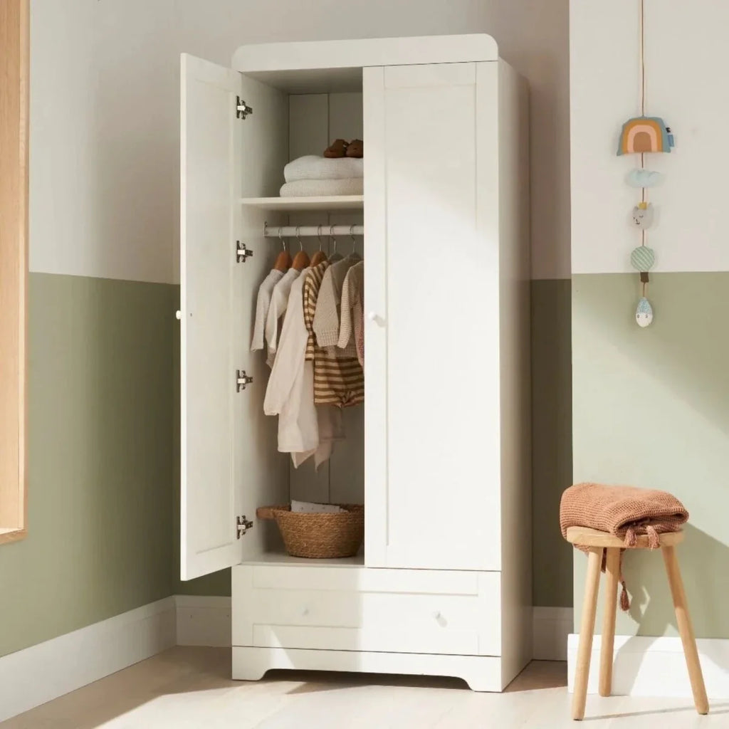 White wardrobe cabinet open with interior shelves and hanging rail, two door set