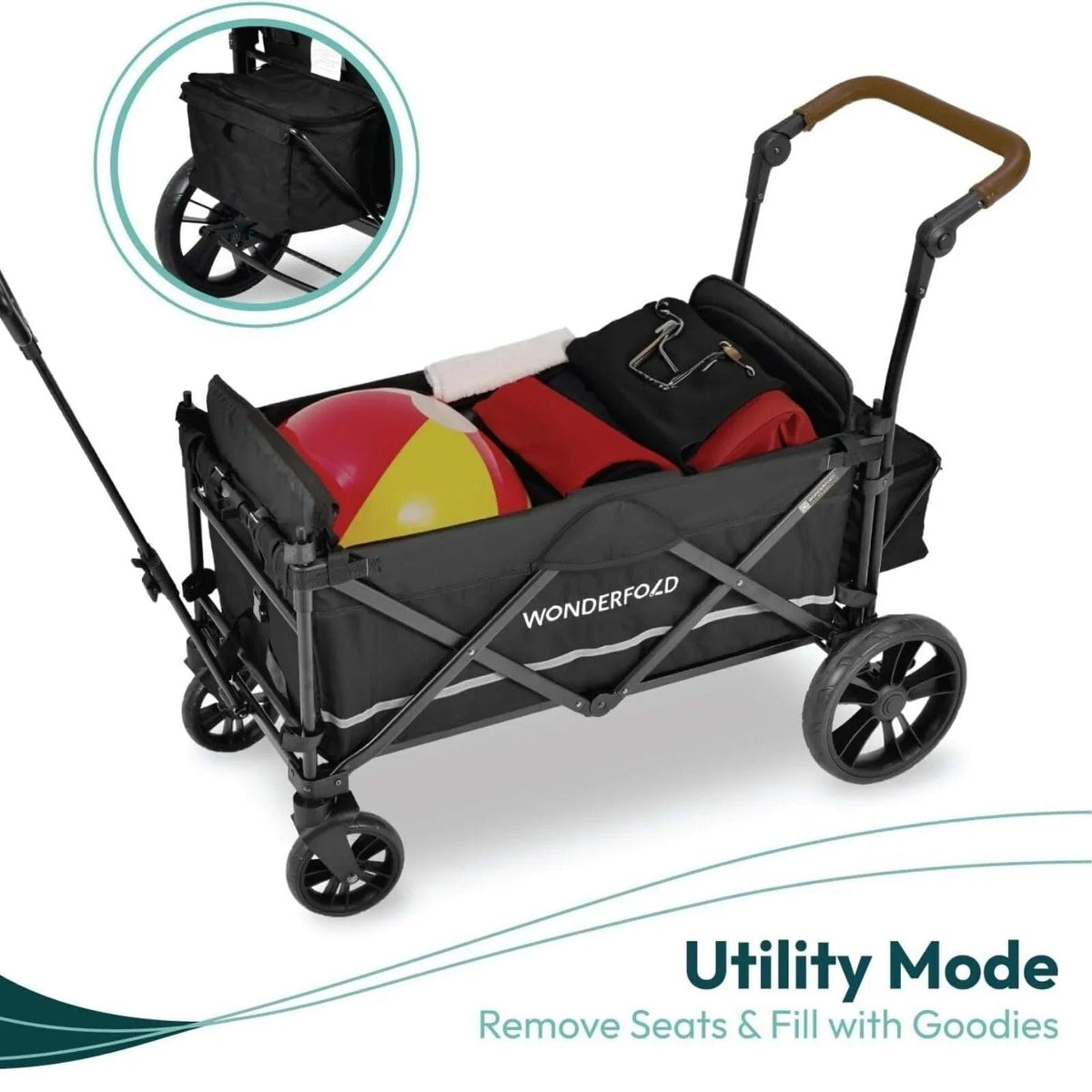 Black stroller wagon in utility mode with removed seats area and play insert