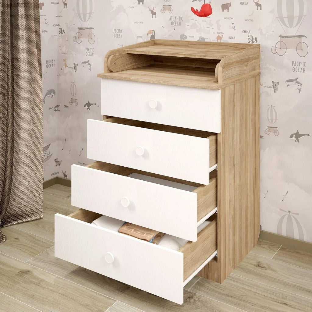 Wood changing dresser in elm and white, shown from side with open drawer and top shelf
