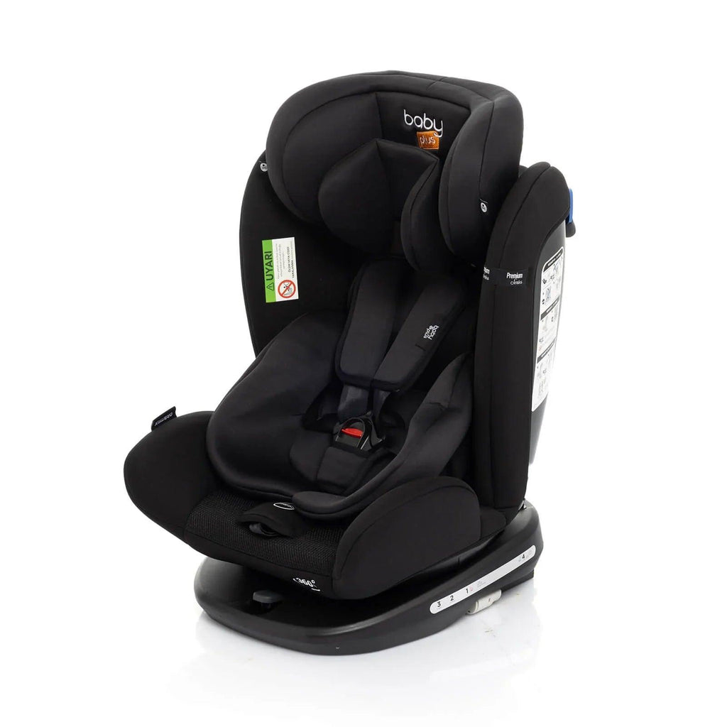Black car seat side view with harness padding and instruction label panel