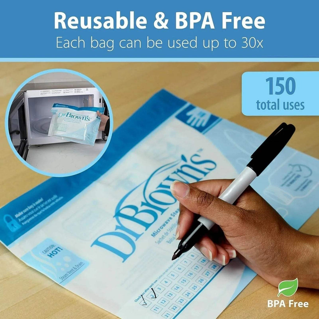 Reusable BPA-free microwave steam steriliser bag on a countertop, shown with marker