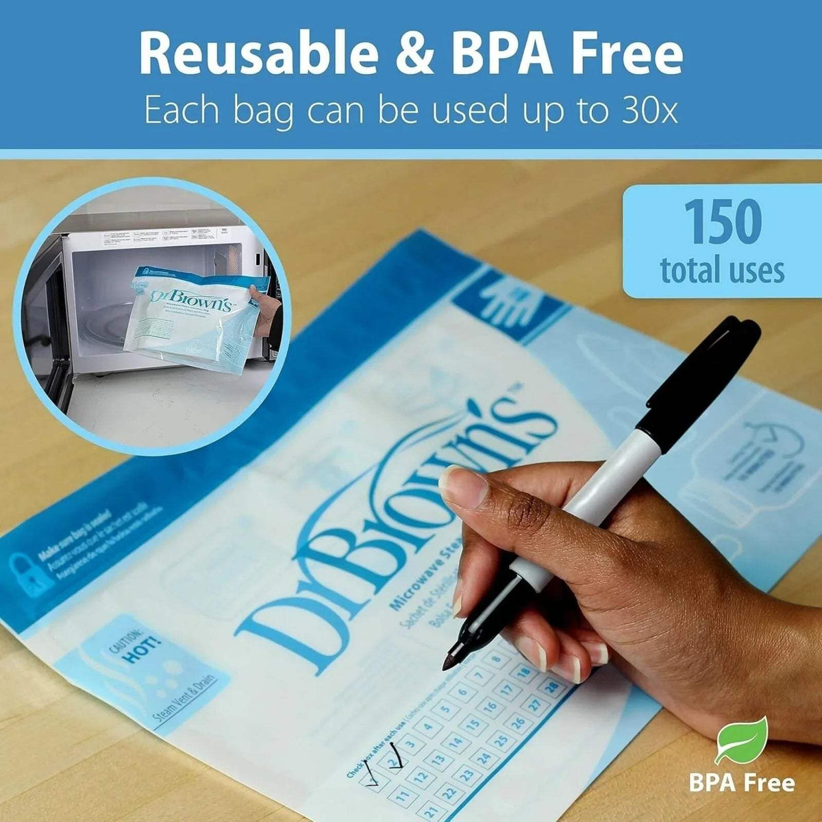 Reusable BPA-free microwave steam steriliser bag on a countertop, shown with marker