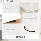 White desk details with round corners, metal handles, and protective foot pads