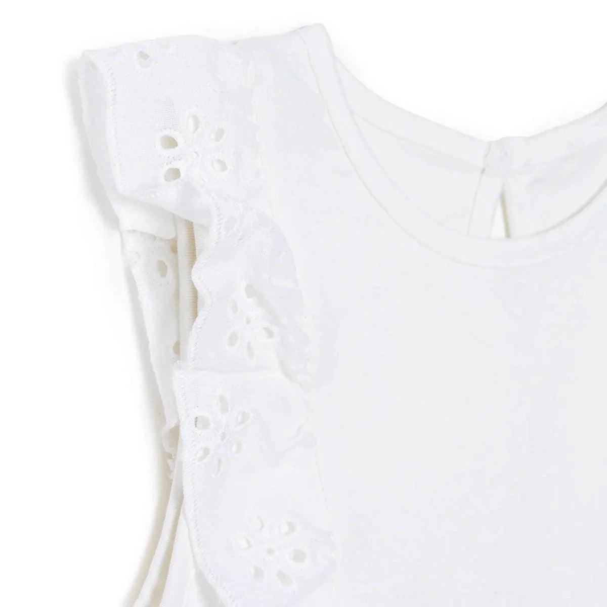 Off-white short-sleeve blouse with lace-like eyelet panels on the sleeves.