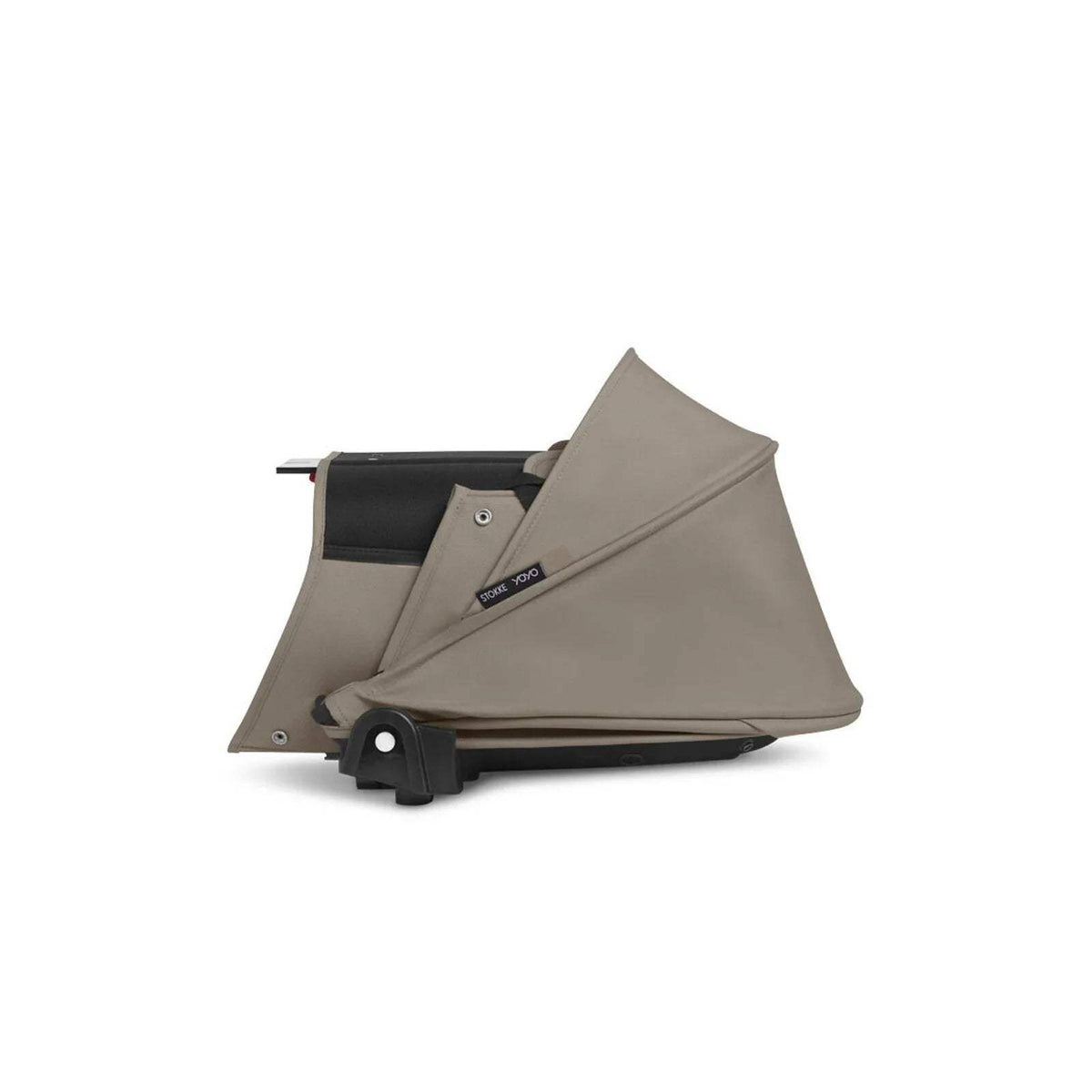 Taupe newborn shell side view with black base and attached stroller seat