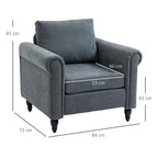 Grey upholstered armchair with back pillow, rolled arms, and measurements on side view