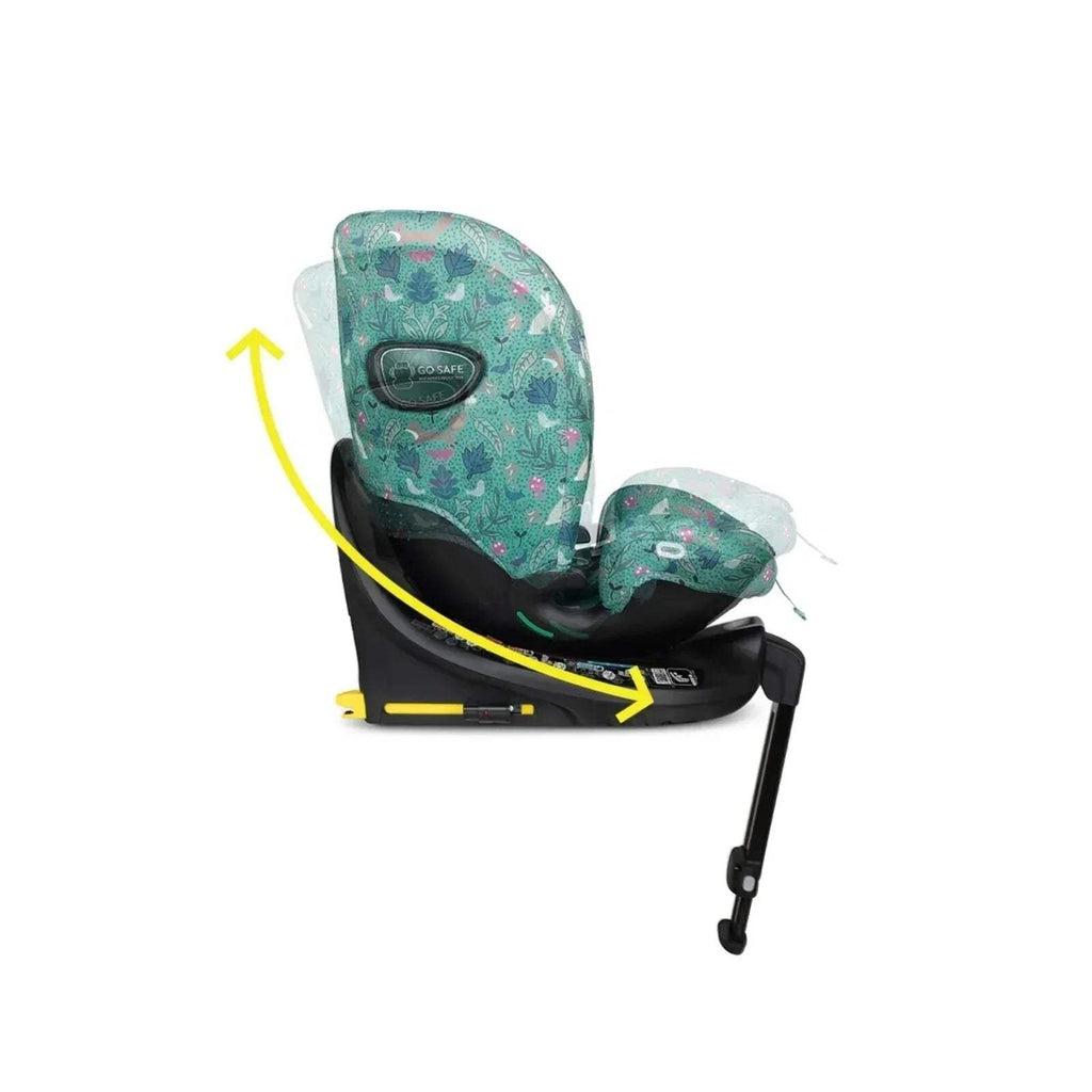 Infant car seat with green headrest and base, arrows indicate 360 rotation