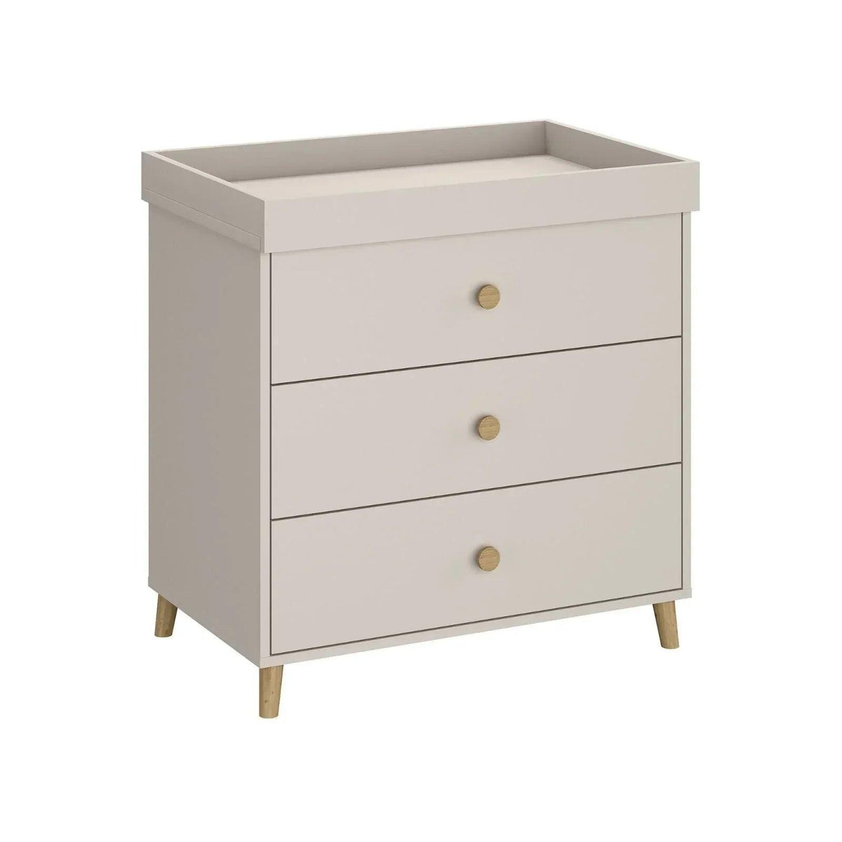 Kids changing dresser, cashmere beige finish with three drawers and brass knob pulls