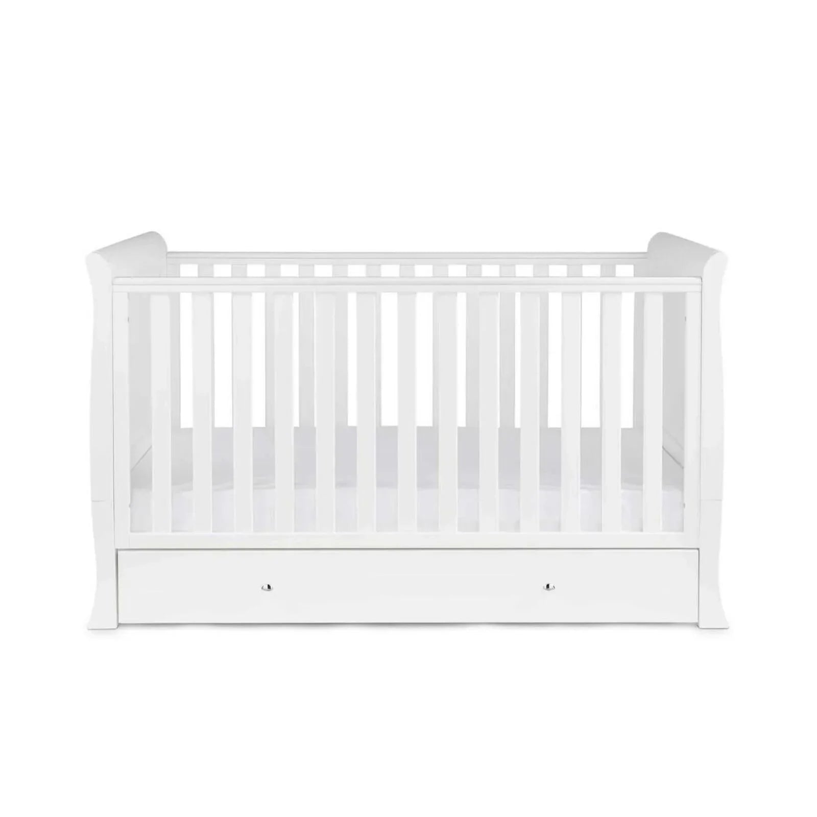 White cot bed with vertical slats and front drawer storage